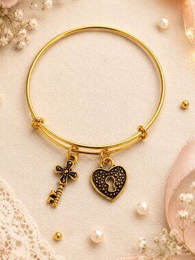 Gold Lock & Key Charm Bangle Bracelet Heart Romantic Gift